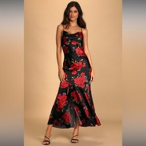 Lulus Romantic Black Floral Print Satin Cowl Neck Wedding Guest Maxi Dress M